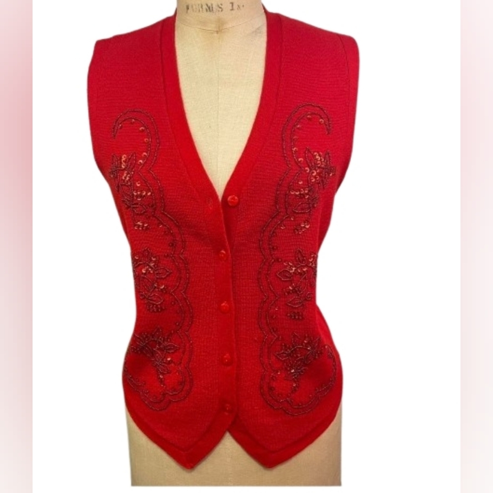 Vintage Rafaella Red Wool Beaded Sweater Vest M